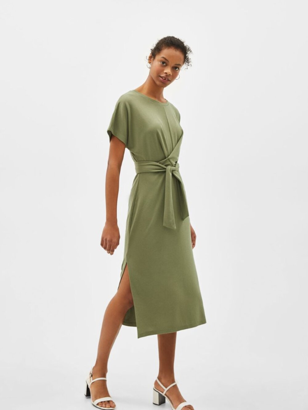 Women's Bershka UK Tie Front Midi Dress New Olive Green Sz S
